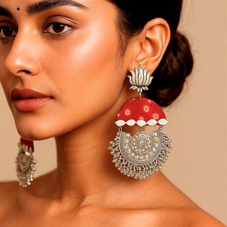Red Bandhani Print Heavy Oxidized Jhumka Earrings